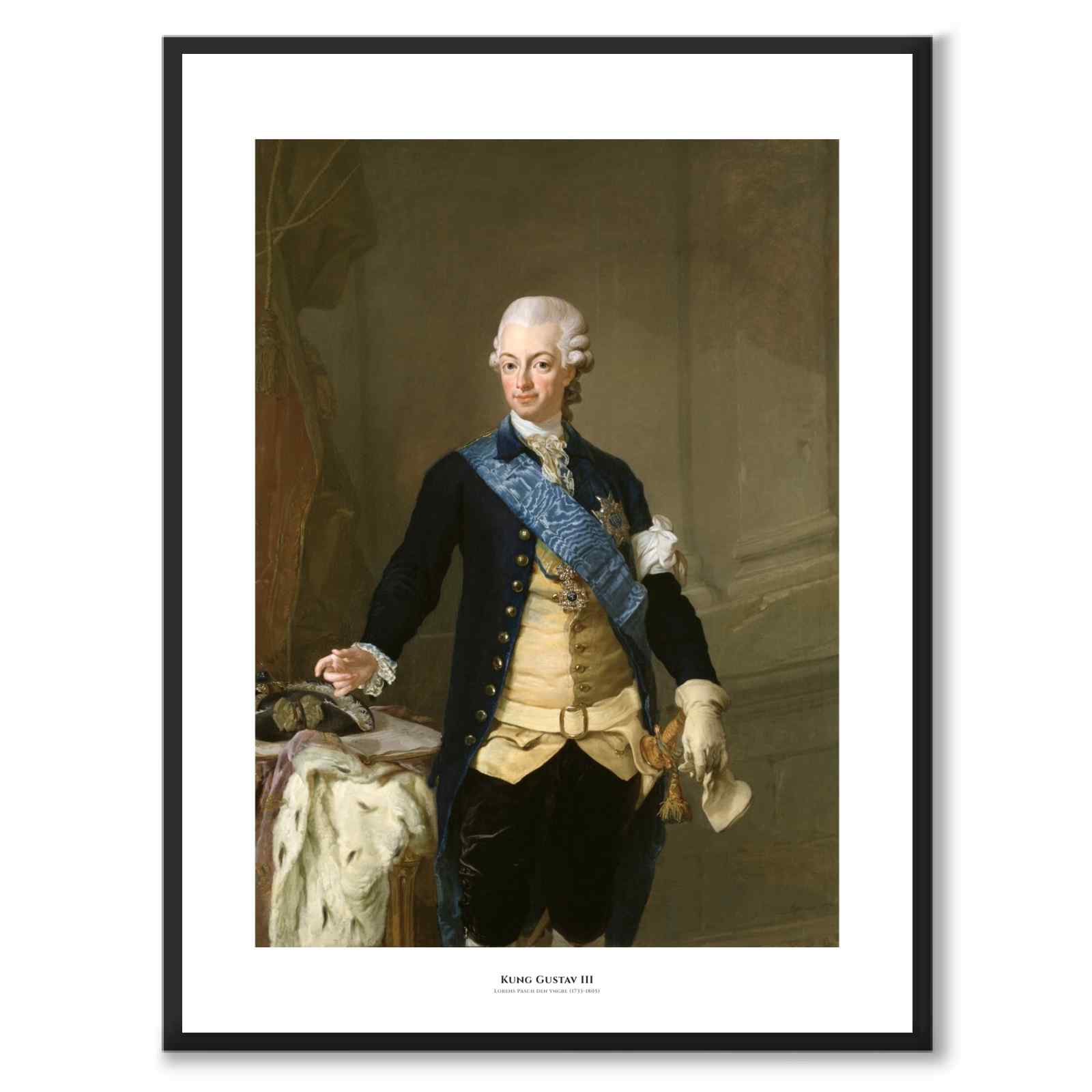Gustav III som konstposter från Historly – med vit kant och titel