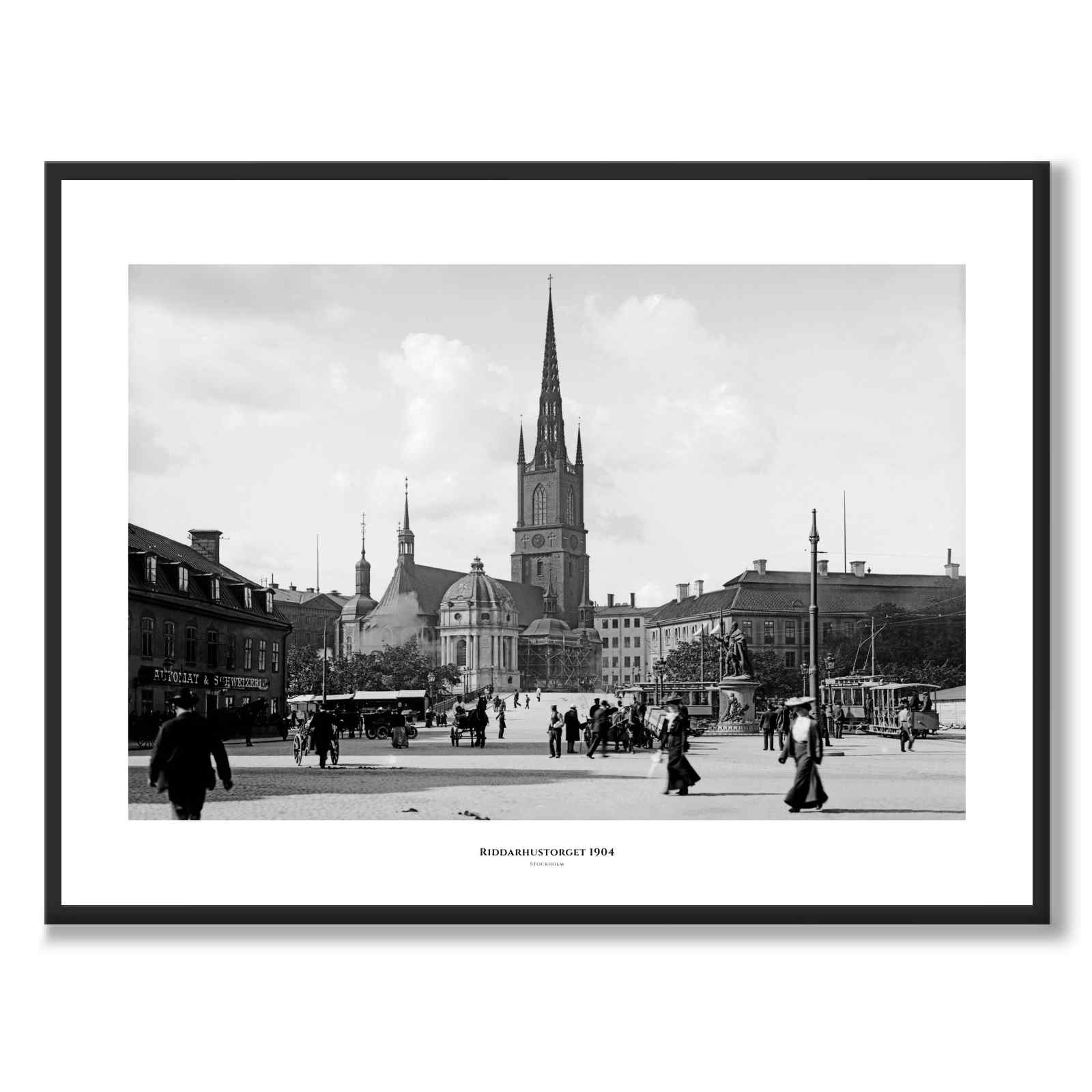 Riddarhustorget som historisk Stockholmsposter från Historly – med vit kant och titel